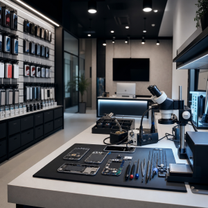 Accueil 29 Technicien effectuant une réparation smartphone sur un établi professionnel