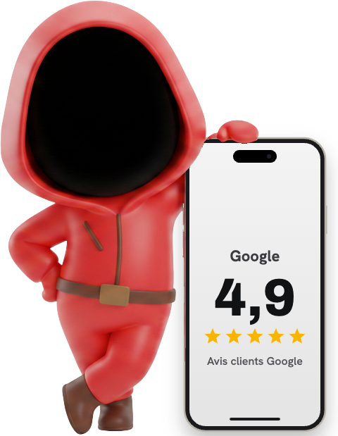Accueil 5 La mascotte de Casa de Phonetel à côté d'un iPhone affichant la note Google de la boutique