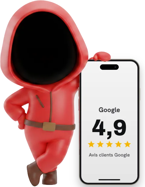 La mascotte de Casa de Phonetel à côté d'un iPhone affichant la note Google de la boutique
